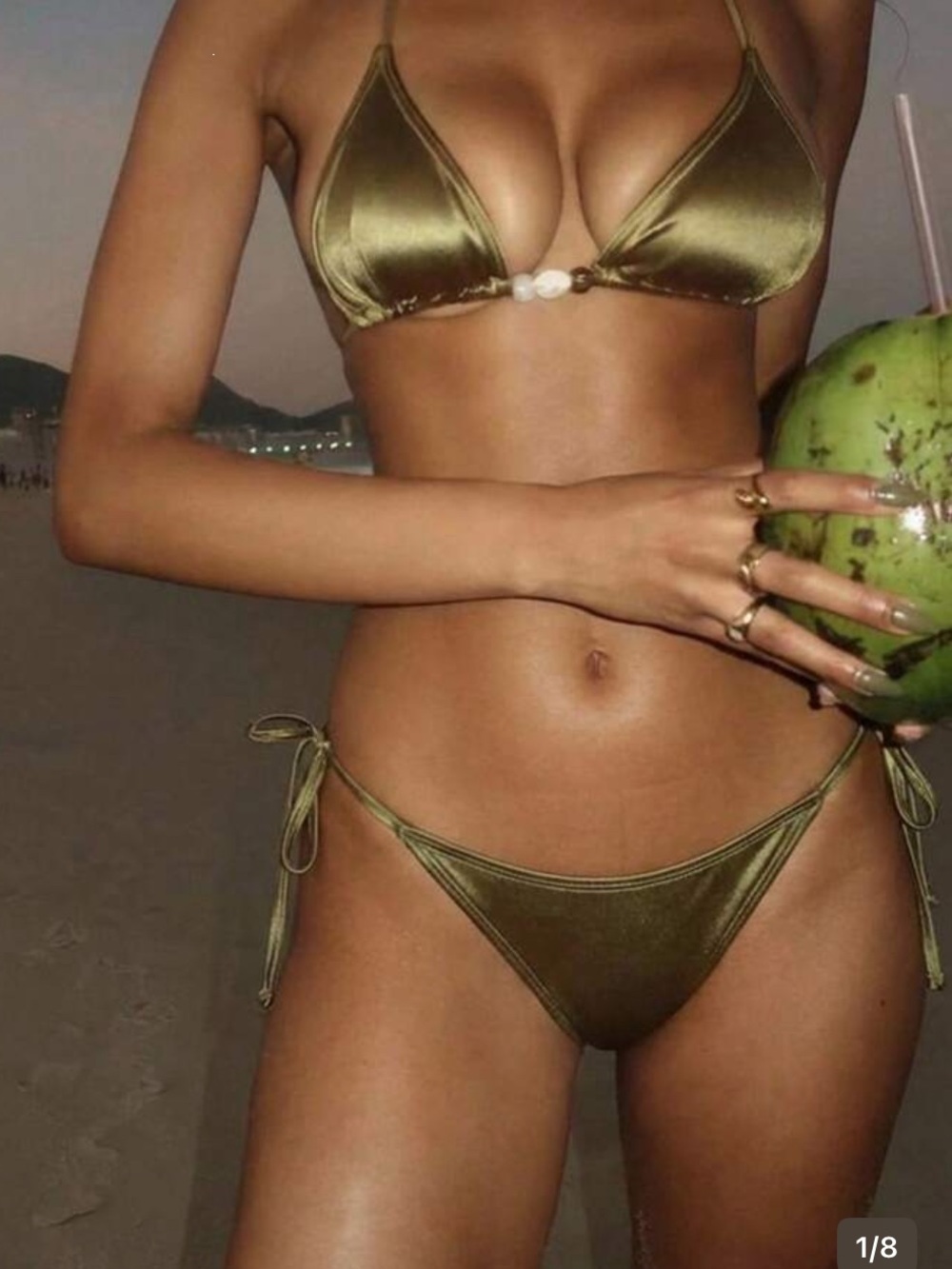 Two Olive Metallic Triangle Tie-Side Bikinis - Small & Med